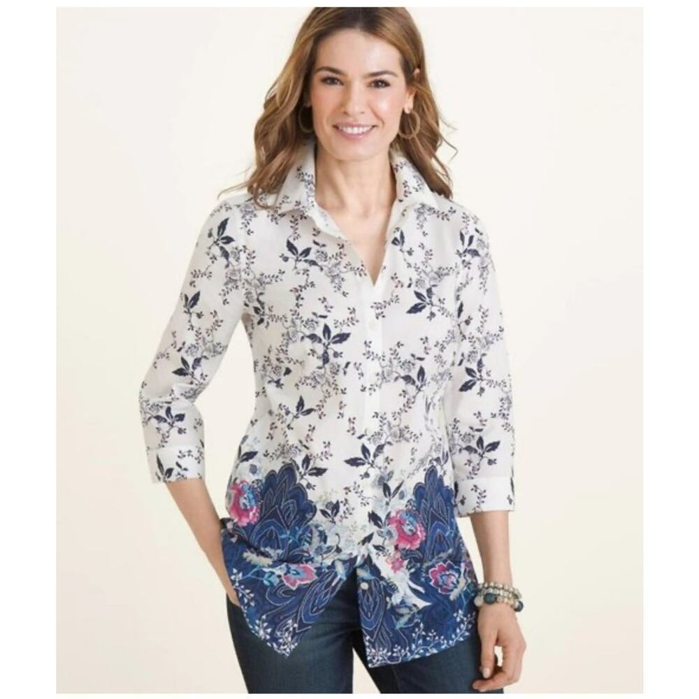Chicos Womens No Iron Jacobean Tunic Top Size 3 XL Stain Shield‎ White Floral